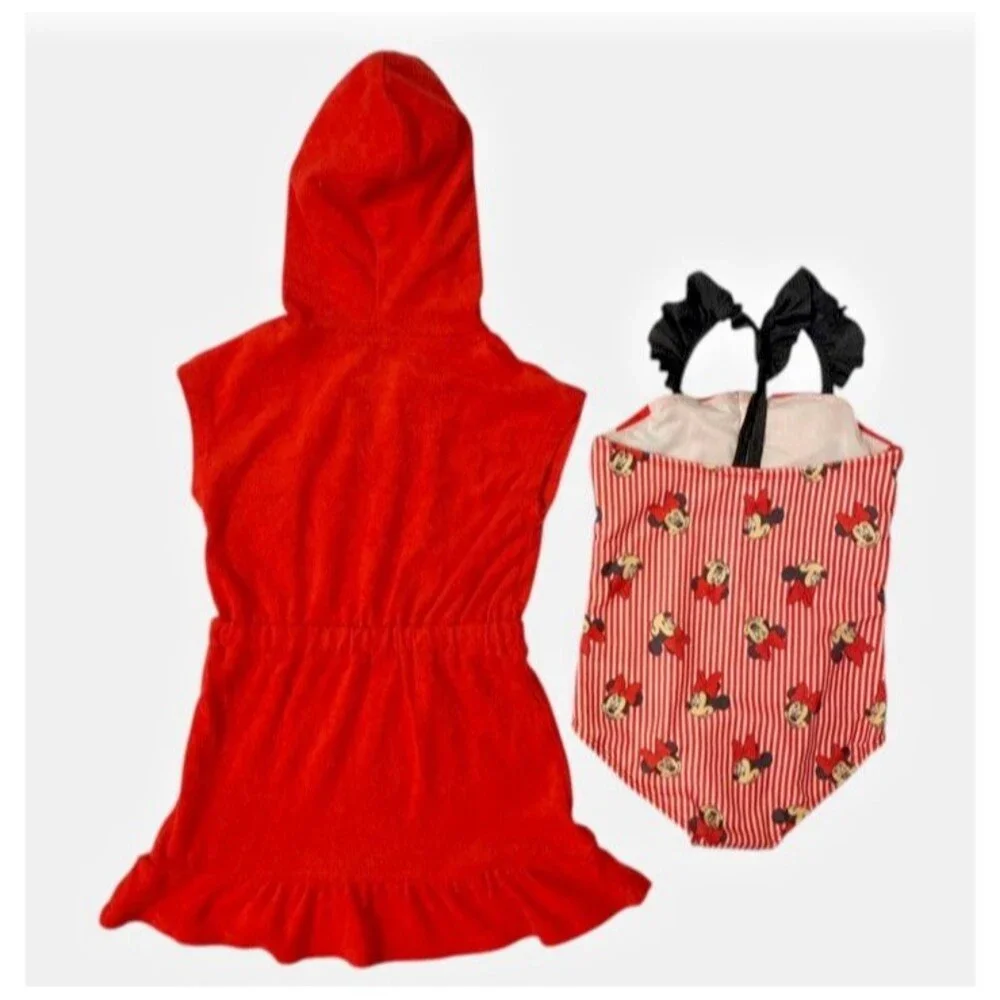 Disney Junior Minnie Mousse Girls 2 Pcs Swim Set-Swimsuit & Hooded Cover Up-2T